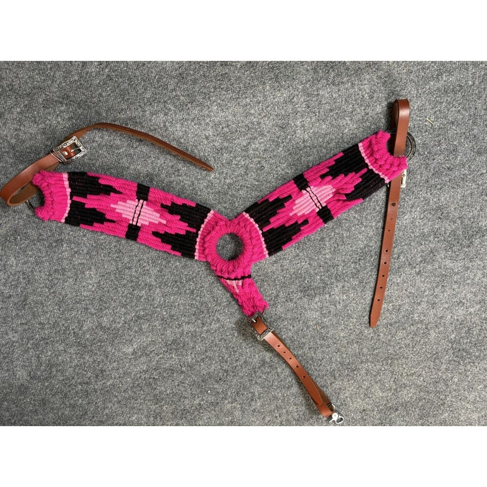 Pony Mohair Breast Collar Pink Black Woven Western Horse Tack Leather Straps